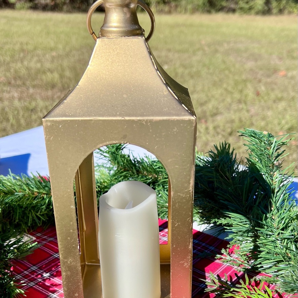 Vintage Gold Metal Squared Shape Open Lantern with LED Candle